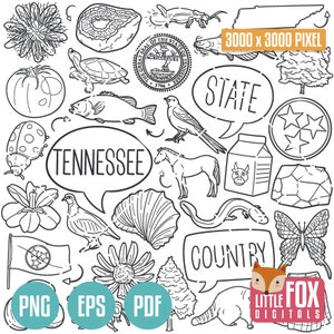 TENNESSEE-statussymbolen. Amerikaanse staat Clipart. TN traditionele pictogrammen doodle. Plakboekenset. Handgetekende lijntekeningen. Ontwerpset-kunstwerk.