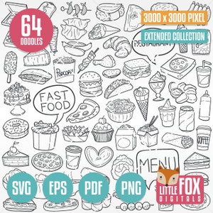 FAST FOOD, SVG doodle vector icons. Food Restaurant Menu Doodle Icons Clipart. Set Illustration hand Drawin Line Art Scribble Design Vector.