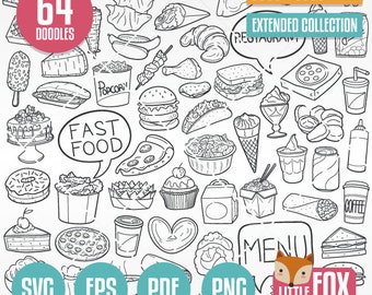 FAST FOOD, SVG doodle icons. Food Restaurant Menu Clipart. Set Illustration hand Drawn Line Art Scribble Design Vector.