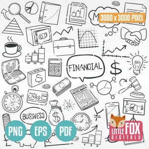 BUSINESS and FINANCES, doodle vector icons. Financial Work Doodle Icons Clipart. Set Hand Made Design Coloring Hand Drawn Line Sketch.