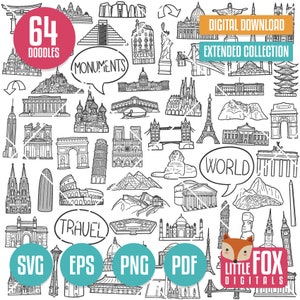 MONUMENTOS MUNDIALES, iconos vectoriales SVG. Clipart de edificios de viajes y turismo. Línea para colorear de turismo. Diseño de garabatos dibujados a mano de turismo.