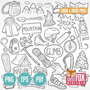 Herramientas para equipo de escalada. Escaladores, Día de la Montaña, Bosque, Familia, Montaña, Doodle, Iconos, Clipart, Álbum de recortes. Conjunto de ilustraciones para colorear, bocetos dibujados a mano.