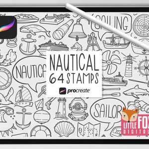 May include: Black and white digital stamps for Procreate featuring nautical themes.  The stamps include a variety of images such as anchors, ships, seagulls, and more.  The text "Nautical 64 Stamps" is displayed on a white rectangle with a blue Procreate logo.  The text "Little Fox Digitals" is displayed on a red rectangle with white text.