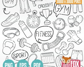 Fitness Doodle Vector Icons, Gym Clip Art (PNG, EPS, PDF)