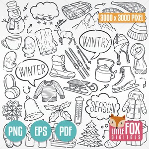 Sezon zimowy, ikony wektorowe doodle. Symbole zimowe, święta, sztuka ręczna. Clipart z kreskówek, sporty lodowe, album do scrapbookingu, szkic, projekt.