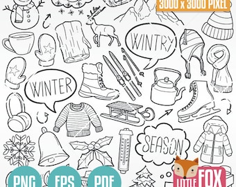 Winter Doodle Vector Icons, Hand Drawn Clipart (PNG, EPS, PDF)