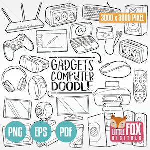 GADGETS, Doodle vector icons. Computer Technology Tools Traditional Doodle Icons Clipart. Set Hand Drawn Line Art Design Artwork Clip Art.
