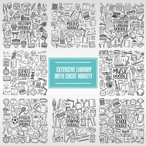 May include: A black and white doodle illustration of various school subjects, including history, math, science, music, physical education, literature, and art. The illustration includes text such as "History Doodle", "Math Doodle", "Science Doodle", "Music Doodle", "Physical Education Doodle", "Literature & Language Doodle", and "Artistic Drawing Doodle".