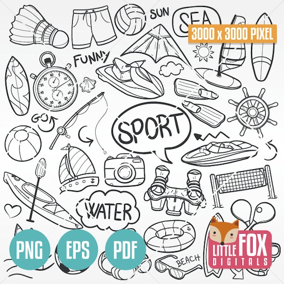Beach Summer Doodle Icons, Water Sports Clipart (PNG EPS PDF)