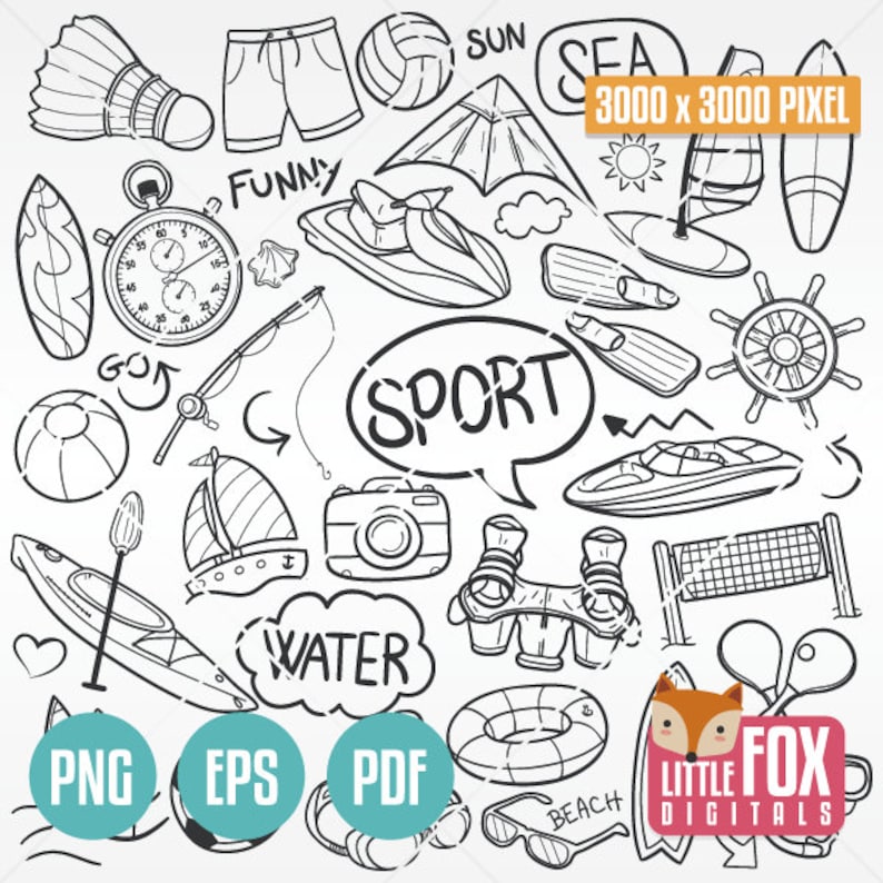 K&ouml;nnte beinhalten: Eine Schwarzwei&szlig;-Doodle-Illustration verschiedener Sportarten und Wasseraktivit&auml;ten, darunter ein Segelboot, ein Kajak, eine Kamera, eine Stoppuhr, ein Volleyball, ein Schwimmring, eine Schwimmbrille, eine Angelrute, ein Surfbrett, ein Jetski, ein Paar Flossen, ein Steuerrad, ein Badminton-Schl&auml;ger, ein Paar Skischuhe, ein Sonnenschirm, ein Volleyballnetz, eine kurze Hose und die W&ouml;rter "SEA", "SUN", "SPORT", "WATER", "FUNNY", "GO", "BEACH", "3000 x 3000 PIXEL", "PNG", "EPS", "PDF" und "LITTLE FOX DIGITALS".