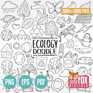 ÖKOLOGIE, Gekritzelikonen Vektor. Recycling Doodle Eco Welt. Natur, Satz, Skizze, Linie, Symbol, Färbung, Hand, Gezeichnet, Sammlung, Gekritzel, Skizze.