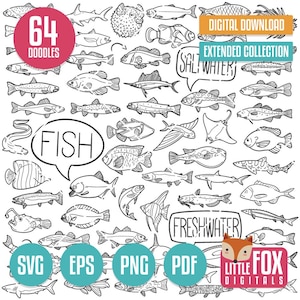 FISCH SVG, Doodle Ikonen. Aquarium Meerestiere Leben Geschöpfe Wasser Fische Doodle Icons Clipart Scrapbook Set Färbung Linie Kunst Hand gezeichnet.