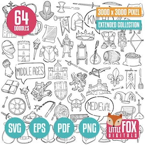 Puede incluir: Un conjunto de 64 ilustraciones de garabatos dibujados a mano en blanco y negro de objetos medievales, que incluyen castillos, caballeros, coronas, escudos, espadas y mucho más. El texto "64 Doodles", "Edad Media" y "Medieval" está incluido en la imagen.