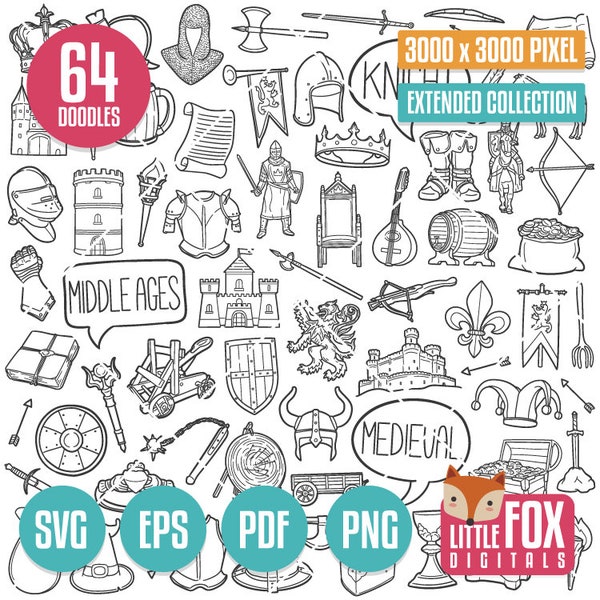 MEDIEVAL SVG, Middle Ages doodle vector icons Clip Art. History Doodle Icons Clipart. King Castle Hand Drawn Line. Design Coloring Sketch.