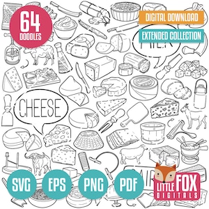 Könnte beinhalten: Eine Schwarzweiß-Zeichnung mit 64 verschiedenen Käsesorten. Die Illustration zeigt verschiedene Formen, Größen und Texturen von Käse sowie Käsewerkzeuge und -geräte. Der Text "64 DOODLES" und "CHEESE" ist in der Illustration enthalten.