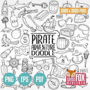 PIRATES ADVENTURE, Doodle vector icon. Corsairs battle Nautical Objects Clipart. Scrapbook Set Coloring Hand Drawn Line Art Scribble Sketch.