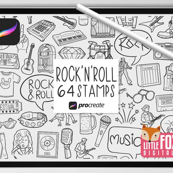 MUSIC STAMPS, Procreate Brushes, Musical Instruments Icons, Music Band Bundle Doodles. Digital Sticker Planner Scrapbook Set Coloring.
