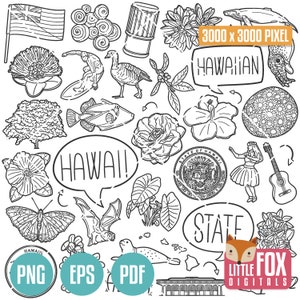 Símbolos do estado do HAWAÍ. Clipart do estado americano. HI Ícones das ilhas havaianas Doodle. Álbum de recortes. Arte de linha desenhada à mão. Conjunto de design de arte.