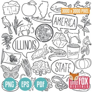 Símbolos do estado de ILLINOIS. Clipart do estado americano. Doodle de ícones de Chicago Springfield. Álbum de recortes. Arte de linha desenhada à mão. Arte do conjunto de design de Peoria.