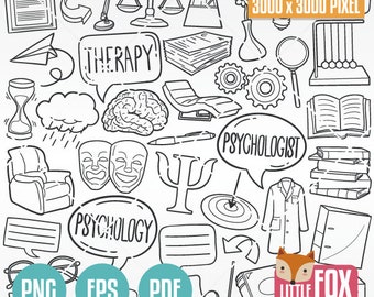 PSYCHOLOGY, doodle vector icons. Psychologyst Therapy Study Doodle Icons Clipart. Set Hand Drawn Line Art Design Clip Coloring Sketch.