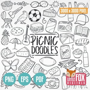 Icone di cibo per picnic, festa del fine settimana. Clipart di cibo per barbecue. Icone tradizionali scarabocchiate. Set per album. Disegno a mano. Set di design.