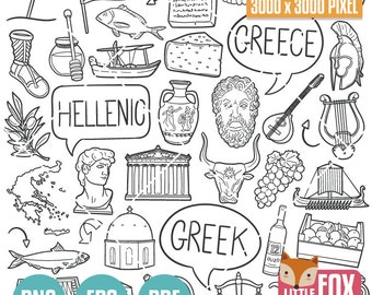 GREECE Clipart, Greek Doodle icon vectors. Hellenic Design Doodle Icons Clipart. Europe Mediterranean Hand Drawn Design Clip Art Sketch.
