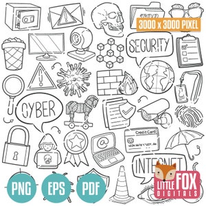 SEGURIDAD CIBERNÉTICA, icono vectorial de garabato. Clipart de dibujos animados sobre ciberataques. Conjunto de delitos cibernéticos en Internet. Dibujo de líneas dibujado a mano para colorear digitalmente a un hacker.