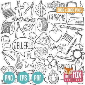 JOYERÍA, iconos vectoriales permanentes de Doodle. Conjunto de álbumes de recortes de imágenes prediseñadas de joyero, arte lineal dibujado a mano. Conjunto de diseño de joyas con dijes, ilustraciones, imágenes prediseñadas para colorear.