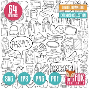 MODA, iconos de garabatos SVG. Conjunto de álbum de recortes de imágenes prediseñadas de ropa. Diseño de arte de línea dibujada a mano de compras. Sublimación de sellos para colorear de ilustraciones de ropa.