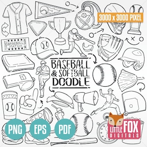 BASEBALL E SOFTBALL Sport, Vector Tradizionale Doodle Icone Clipart. Set di album per ritagli disegnati a mano Line Art Design Set ClipArt di grafica.