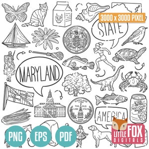 MARYLAND State Symbols. American State Clipart. Baltimore Frederick Rockville Icons Doodle. Scrapbook. Hand Drawn Line Art. Design Artwork.