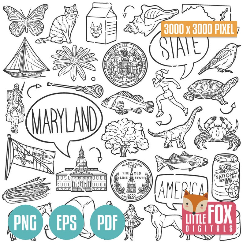 MARYLAND State Symbols. American State Clipart. Baltimore Frederick Rockville Icons Doodle. Scrapbook. Hand Drawn Line Art. Design Artwork. image 1