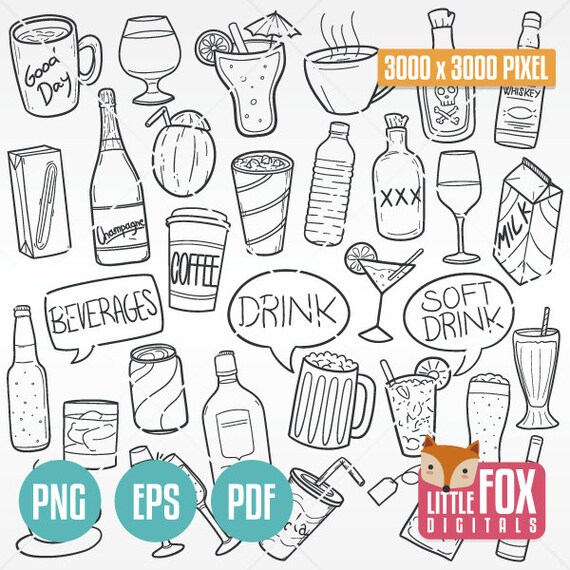 Beverages Doodle Clipart, Drinks Illustrations, Coffee, Cocktails, Soft Drinks, PNG, EPS, PDF, Commercial Use