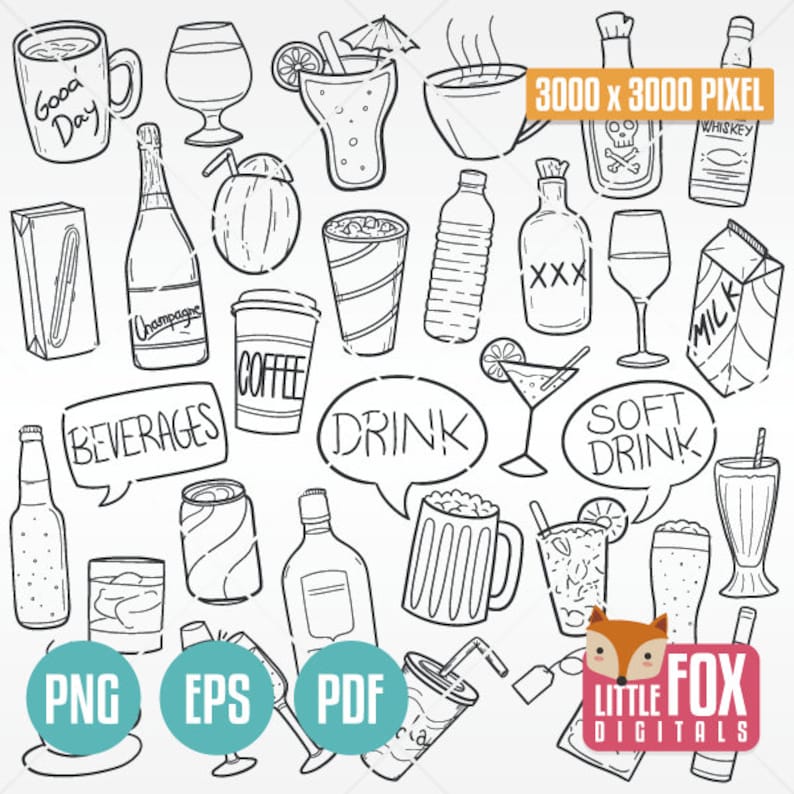 May include: A black and white illustration of various beverages, including coffee, milk, beer, wine, cocktails, and soft drinks. The illustration includes text such as "Good Day", "Champagne", "Beverages", "Drink", "Soft Drink", "Whiskey", "Milk", and "XXX".