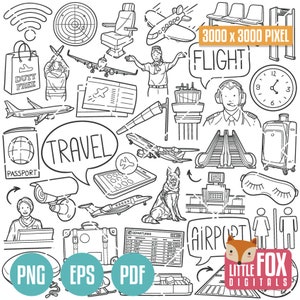 Ícones vetoriais de doodle de AEROPORTO. Clipart de ilustração de voo, conjunto de coleção de aviões, arte de linha desenhada à mão, desenho de clip art para colorir.