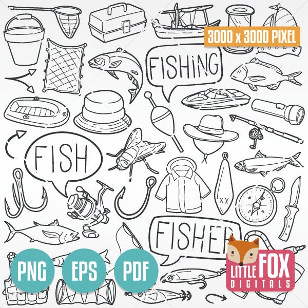 PÊCHE Sport, icônes vectorielles doodle. Ensemble d'icônes de griffonnage de poisson pour scrapbooking. Dessin au trait dessiné à la main. Illustration clipart animaux pêcheur à colorier.