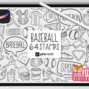 May include: Black and white digital illustrations of baseball themed items, including a baseball, bat, glove, helmet, and a trophy. The text "BASEBALL 64 STAMPS" is in the centre of the image. The text "procreate" is below the text "BASEBALL 64 STAMPS".