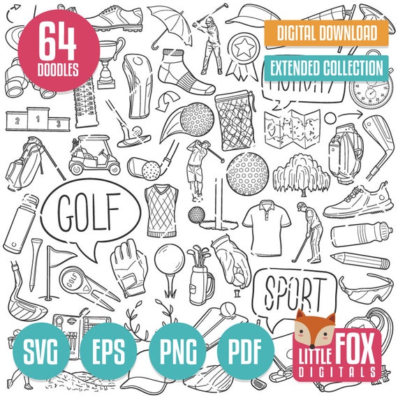 GOLF BUNDLE SVG, Doodle Icons. Ball Activity Doodle Icons Clipart. Golf Club Play Hand Drawn. Player Cup Field Line Art Design Set Artwork.