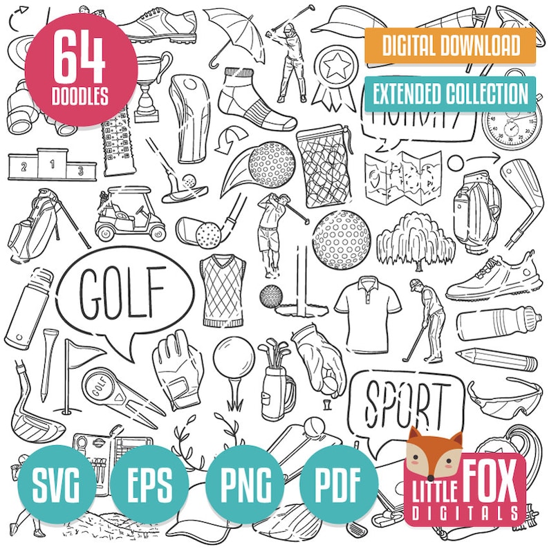 May include: A black and white illustration of 64 golf-themed doodles. The doodles include golf clubs, golf balls, golf carts, golf bags, golf shoes, golf gloves, golf flags, golf tees, golf scorecards, golf trophies, golf players, and more. The text "64 DOODLES" is at the top of the image. The text "GOLF" is in a speech bubble in the center of the image. The text "SPORT" is in a speech bubble in the bottom right corner of the image. The text "SVG EPS PNG PDF LITTLE FOX DIGITALS" is at the bottom of the image.