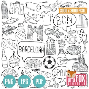 BARCELONA ESPANHA, vetor de ícone de doodle. Catalunha Viagem Férias Europa Doodle Clipart Scrapbook Conjunto Colorir Linha Arte Rabisco Desenhado à Mão.