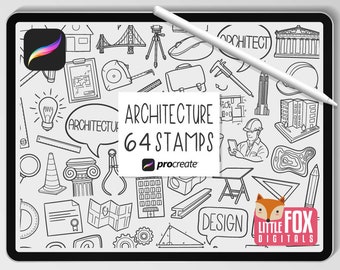ARCHITECTURE STAMPS, Procreate Brushes, Architect Icons, Building Bundle Doodles. Engineer Civil Digital Sticker Scrapbook Set Coloring.