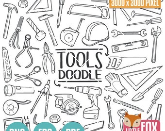 TOOLS Brico Home repair, DIY Icon Clipart. Traditional Doodle Icons Clipart Scrapbook Hand Drawn Line Art Design Set Artwork Clip Art Sketch