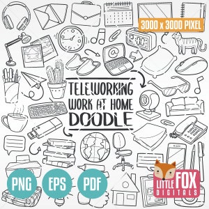 May include: Black and white doodle illustration of work from home items, including a laptop, coffee cup, keyboard, and house. The text "Teleworking Work at Home Doodle" is in the center of the image.