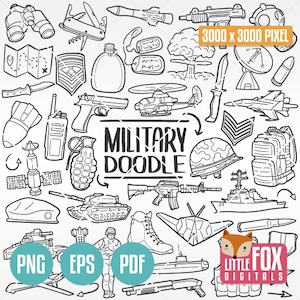 MILITARY vector icons, Army War Weapons Soldier. Doodle Icons Clipart Scrapbook Set. Hand Drawn Line Art Design. Artwork Clip Art Coloring.