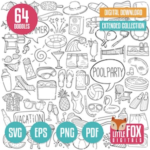 FIESTA EN LA PISCINA, iconos vectoriales SVG. Vacaciones de verano. Línea de imágenes prediseñadas para colorear de natación para vacaciones. Diseños de garabatos dibujados a mano para fiestas.