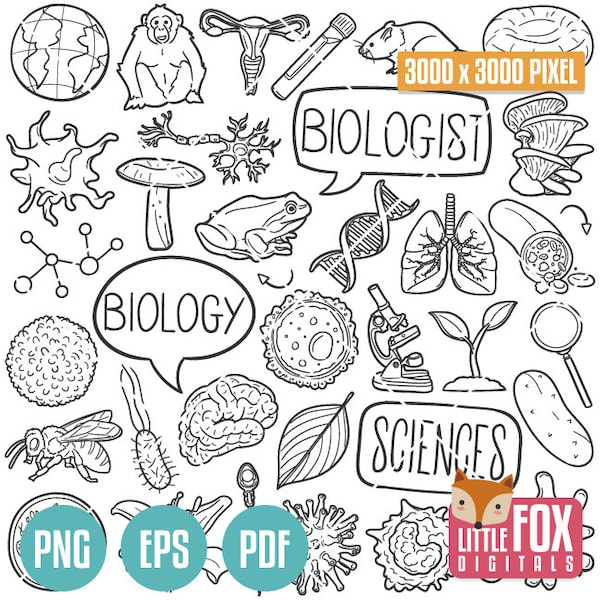 BIOLOGY, doodle vector icons. Science Study Animals Biologist Doodle Icons Clipart. Set Hand Drawn Line Art Design Clip Coloring Sketch.