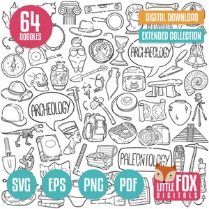 ARCHEOLOGY SVG, Archaelogy doodle vector icons Clip Art. Explorator Archaeologist Clipart. Paleontology Hand Drawn Line. Coloring Sketch.