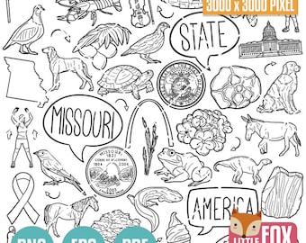 MISSOURI State Symbols. American State Clipart. Texan Tex TX Icons Doodle. Scrapbook. Hand Drawn Line Art. Meridian Design Set Artwork.