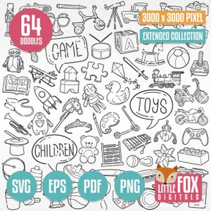 SPIELZEUG SVG Kinder Spiel und Spielen Kinderspielzeug. Kinder und Baby Doodle Icons Clipart Scrapbookt. Handgezeichnete Linie Kunst Spielen Kunstwerk Färbung.