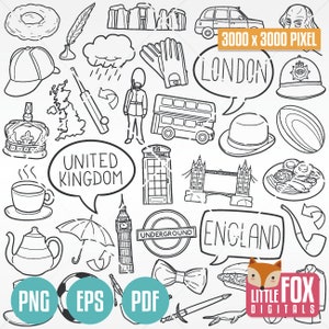 UNITED KINGDOM, Doodle Icon Vektor. UK Reise England London Doodle Icons Clipart Scrapbook Set Färbung Linie Kunst Hand gezeichnet Großbritannien.